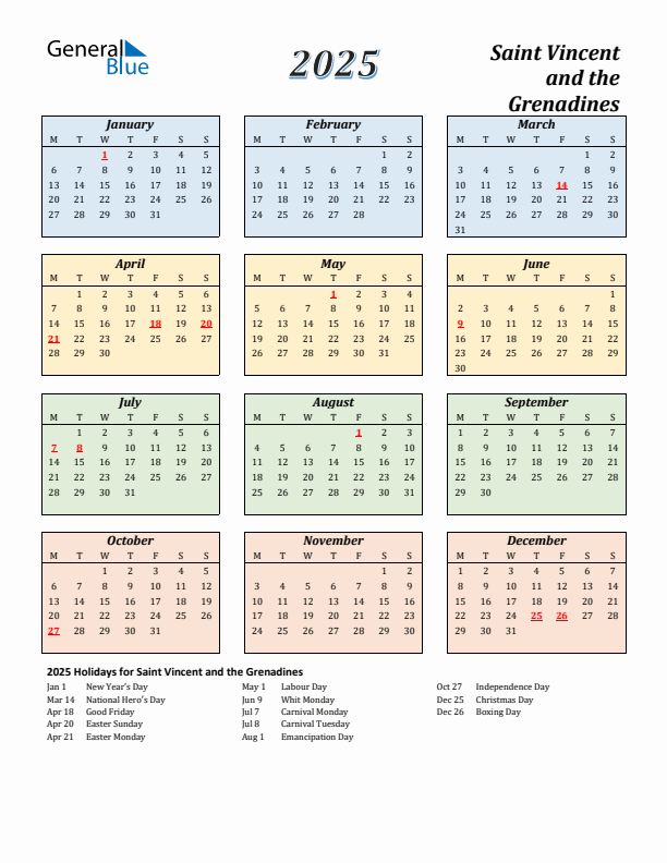 Saint Vincent and the Grenadines Calendar 2025 with Monday Start