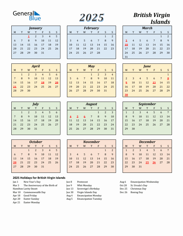 British Virgin Islands Calendar 2025 with Monday Start