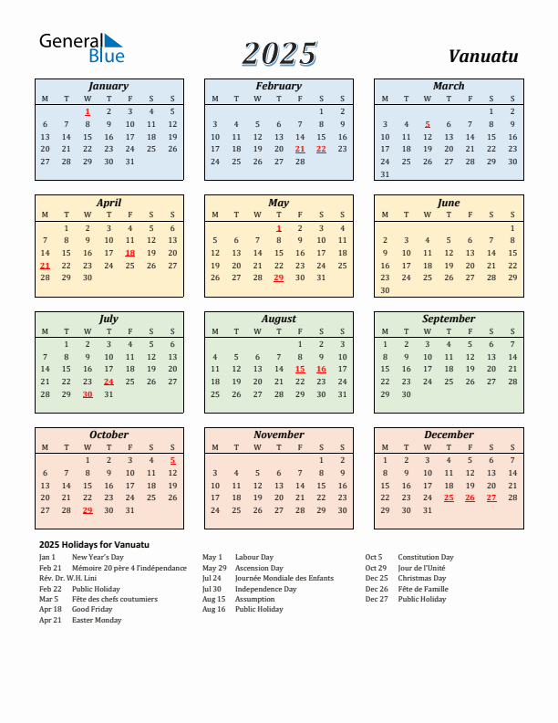 Vanuatu Calendar 2025 with Monday Start