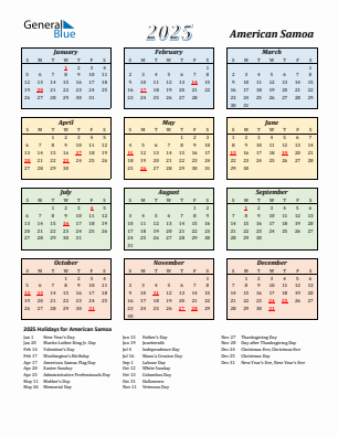 American Samoa current year calendar 2025 with holidays