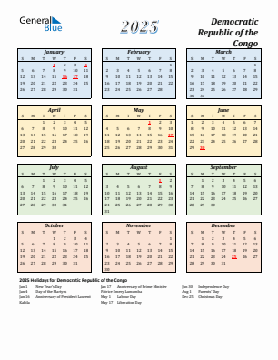 Democratic Republic of the Congo current year calendar 2025 with holidays