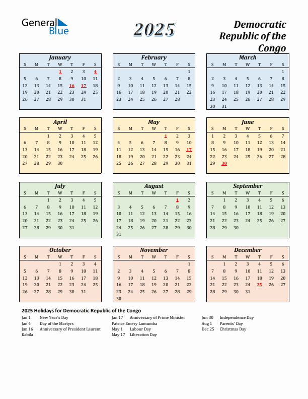Democratic Republic of the Congo Calendar 2025 with Sunday Start