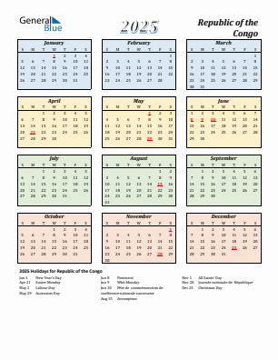 Republic of the Congo current year calendar 2025 with holidays