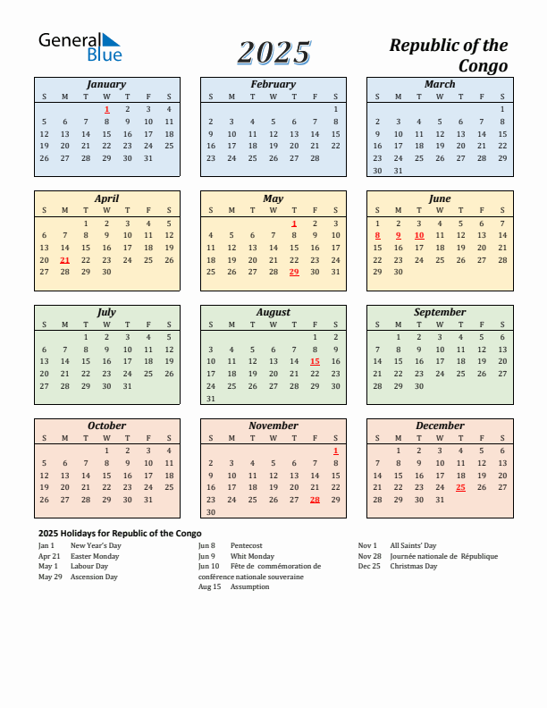 Republic of the Congo Calendar 2025 with Sunday Start