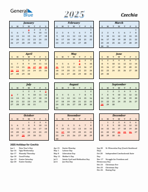 Czechia current year calendar 2025 with holidays