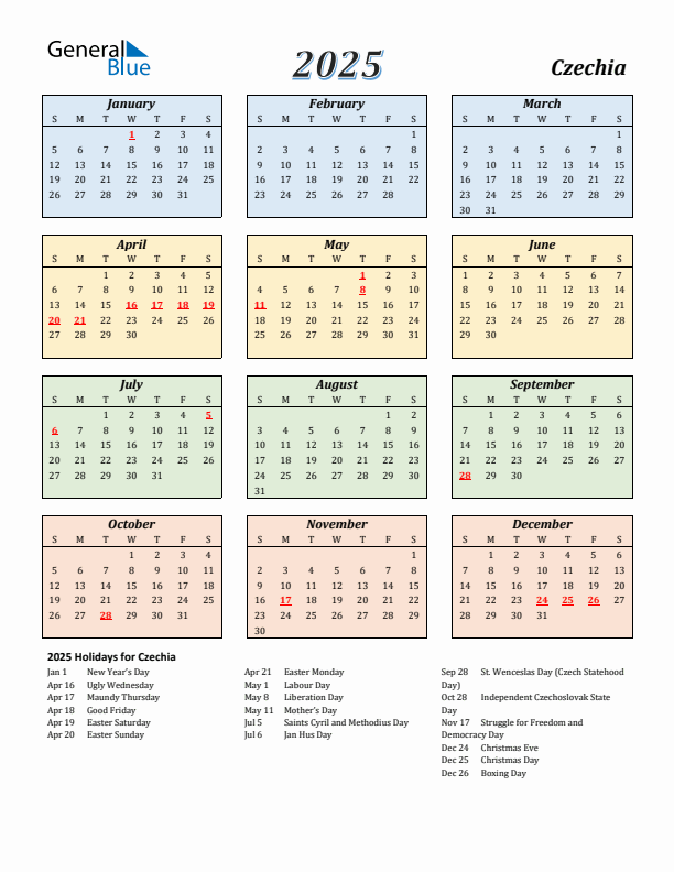 Czechia Calendar 2025 with Sunday Start