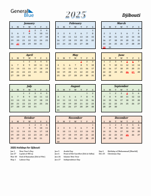 Djibouti current year calendar 2025 with holidays