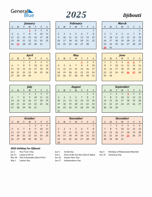 Djibouti Calendar 2025 with Sunday Start