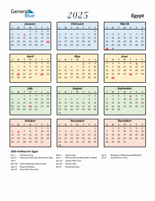Egypt current year calendar 2025 with holidays