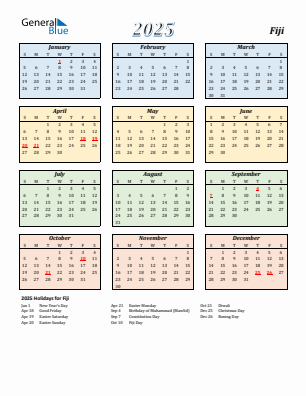 Fiji current year calendar 2025 with holidays