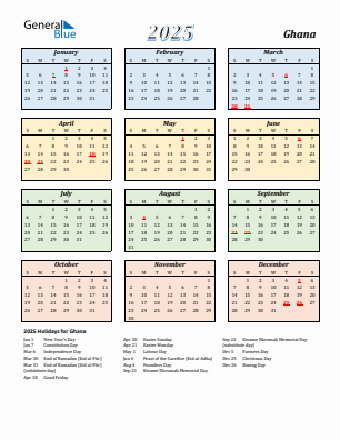 Ghana current year calendar 2025 with holidays