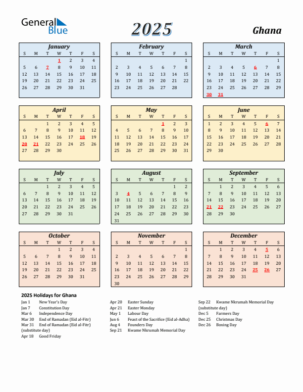 Ghana Calendar 2025 with Sunday Start