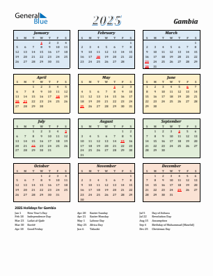Gambia current year calendar 2025 with holidays