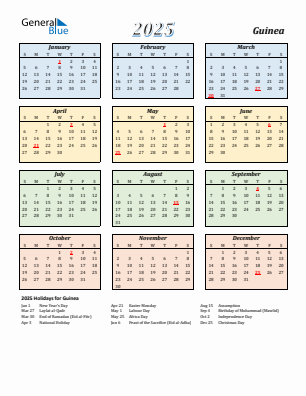 Guinea current year calendar 2025 with holidays