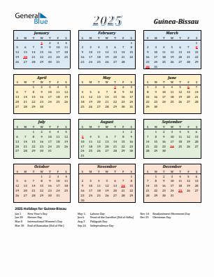 Guinea-Bissau current year calendar 2025 with holidays