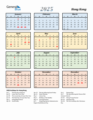Hong Kong current year calendar 2025 with holidays