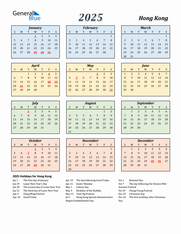 Hong Kong Calendar 2025 with Sunday Start