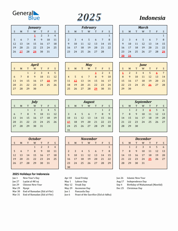 Indonesia Calendar 2025 with Sunday Start