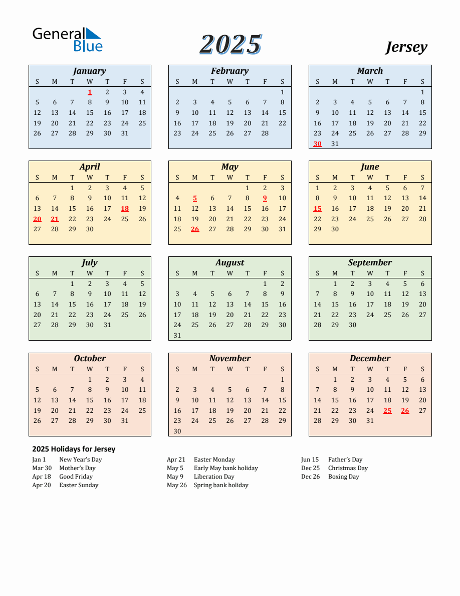 2025 Jersey Calendar