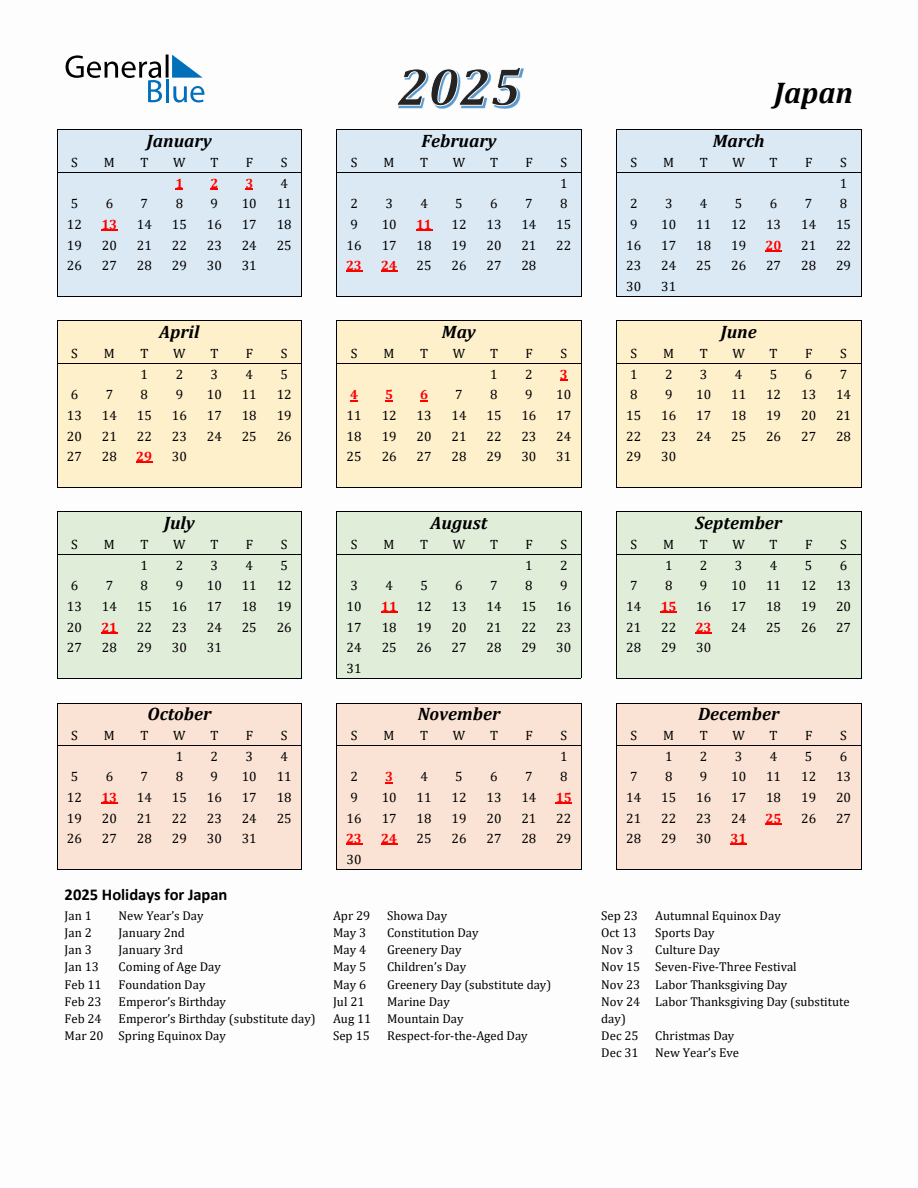 2025 Japan Calendar with Sunday Start