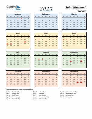 Saint Kitts and Nevis current year calendar 2025 with holidays