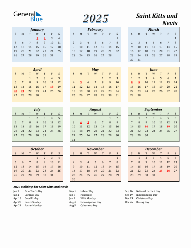 Saint Kitts and Nevis Calendar 2025 with Sunday Start