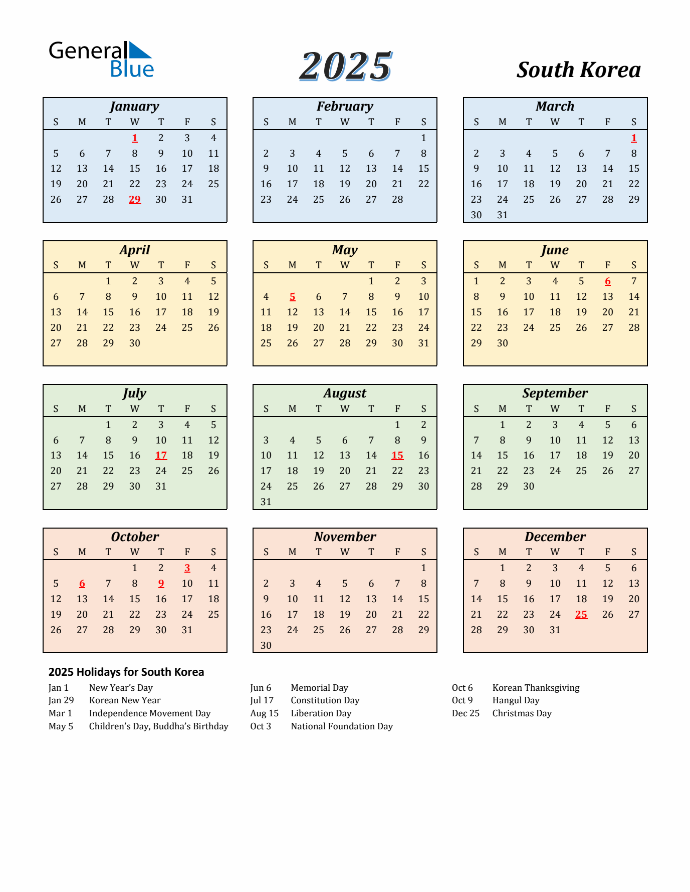 South Korea Calendar 2025 with Sunday Start