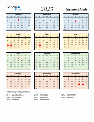 Cayman Islands current year calendar 2025 with holidays