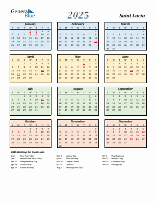 Saint Lucia current year calendar 2025 with holidays