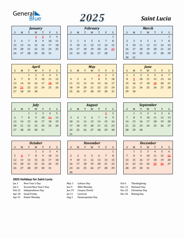 Saint Lucia Calendar 2025 with Sunday Start