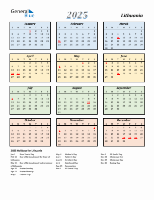 Lithuania current year calendar 2025 with holidays
