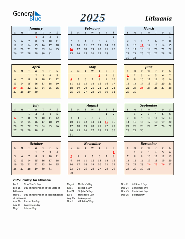 Lithuania Calendar 2025 with Sunday Start