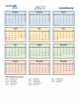Luxembourg current year calendar 2025 with holidays