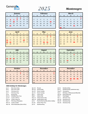 Montenegro current year calendar 2025 with holidays