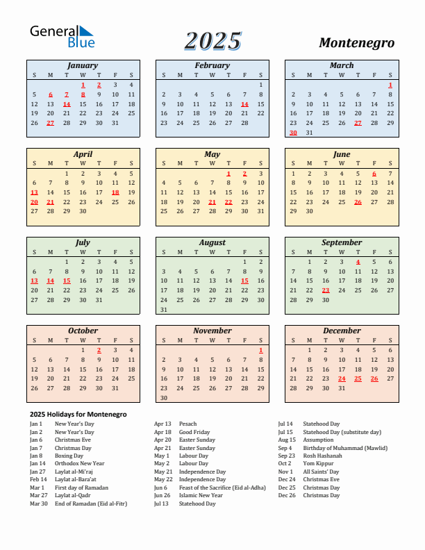 Montenegro Calendar 2025 with Sunday Start