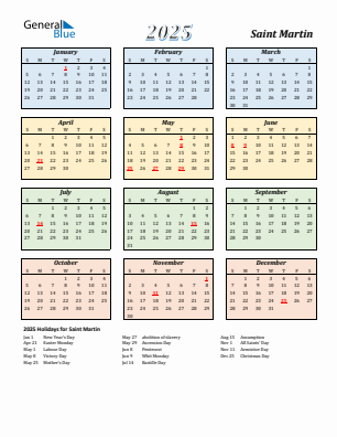 Saint Martin current year calendar 2025 with holidays