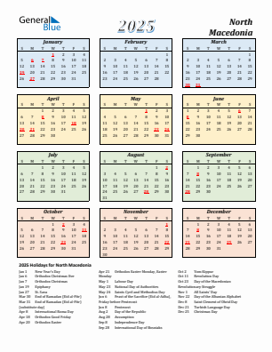 North Macedonia current year calendar 2025 with holidays