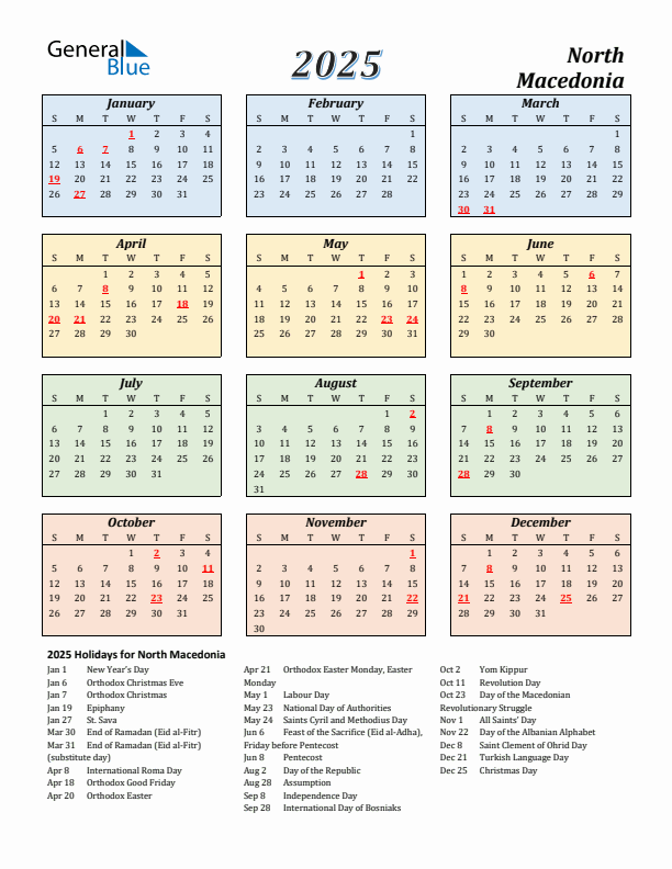 North Macedonia Calendar 2025 with Sunday Start