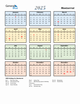 Montserrat current year calendar 2025 with holidays