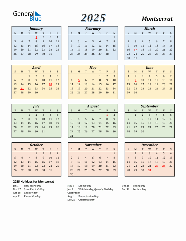 Montserrat Calendar 2025 with Sunday Start