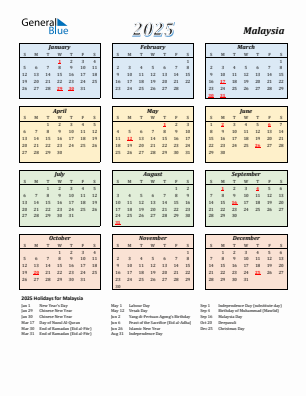 Malaysia current year calendar 2025 with holidays