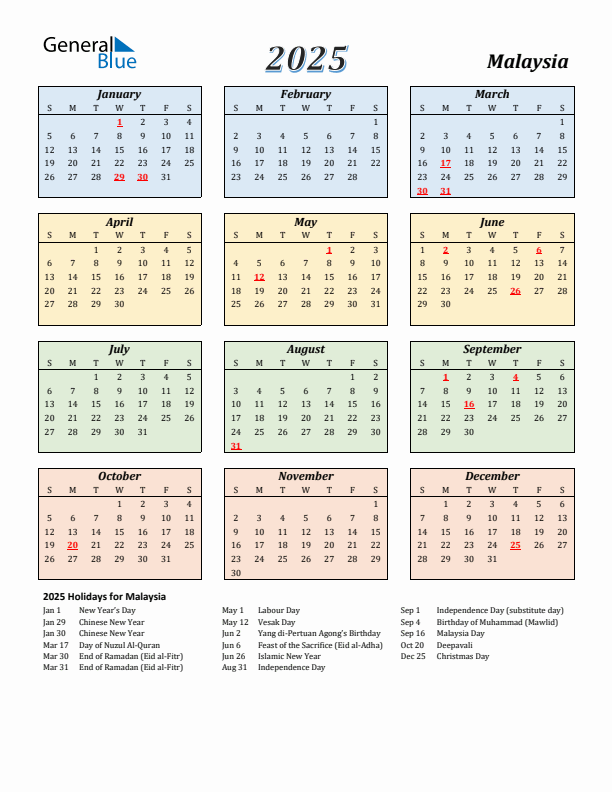 Malaysia Calendar 2025 with Sunday Start