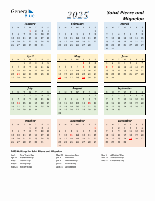 Saint Pierre and Miquelon current year calendar 2025 with holidays