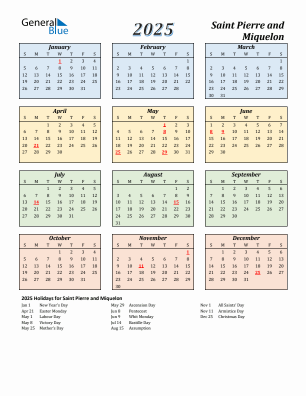 Saint Pierre and Miquelon Calendar 2025 with Sunday Start
