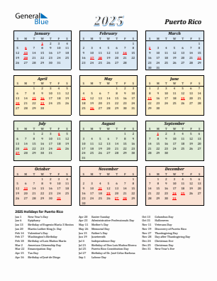 Puerto Rico current year calendar 2025 with holidays