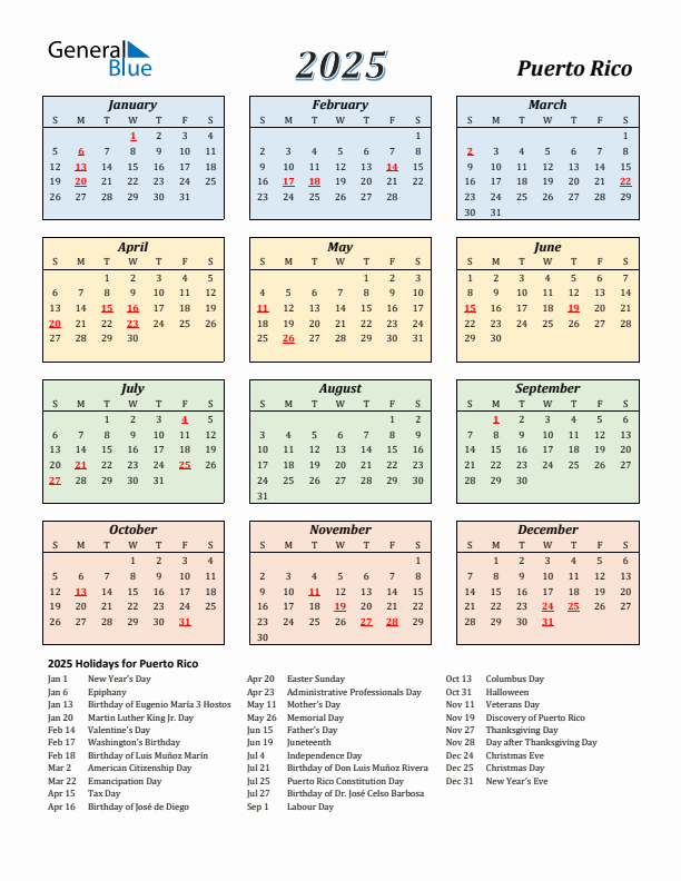Puerto Rico Calendar 2025 with Sunday Start