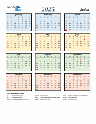 Sudan current year calendar 2025 with holidays