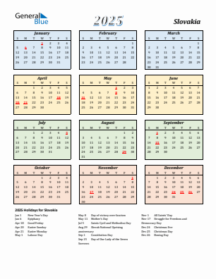 Slovakia current year calendar 2025 with holidays
