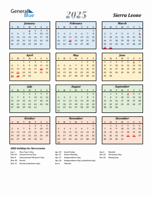 Sierra Leone current year calendar 2025 with holidays