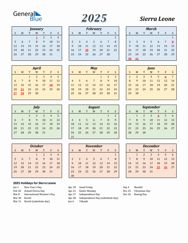 Sierra Leone Calendar 2025 with Sunday Start
